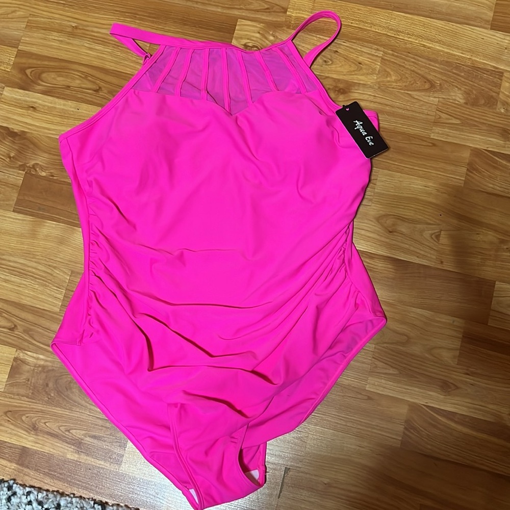 NWT 20W Aqua Eve PINK One Piece Tummy Control High Neck Ruched Swimwear